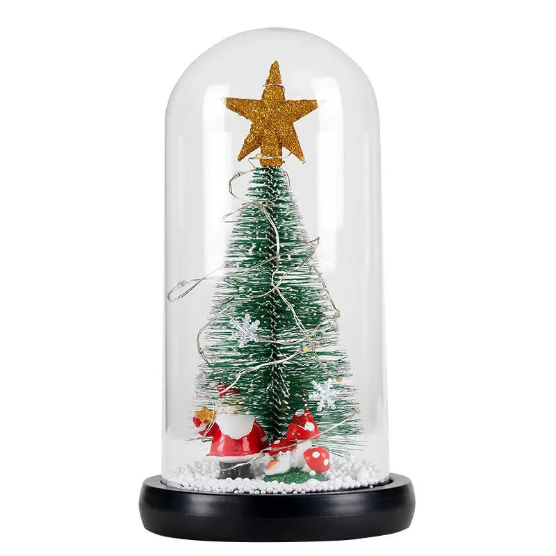 Mini Árvores de Natal Decoradas com Luzes LED em Cúpulas Vidro (Cápsulas Eternas), Posicionadas Base Clara