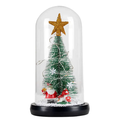 Mini Árvores de Natal Decoradas com Luzes LED em Cúpulas Vidro (Cápsulas Eternas), Posicionadas Base Clara