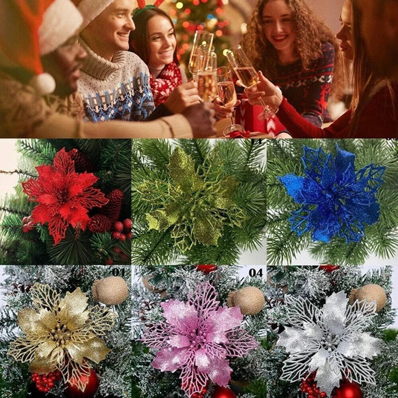 10 Peças de flores artificiais de poinsétia com glitter de Natal, decorações de flores