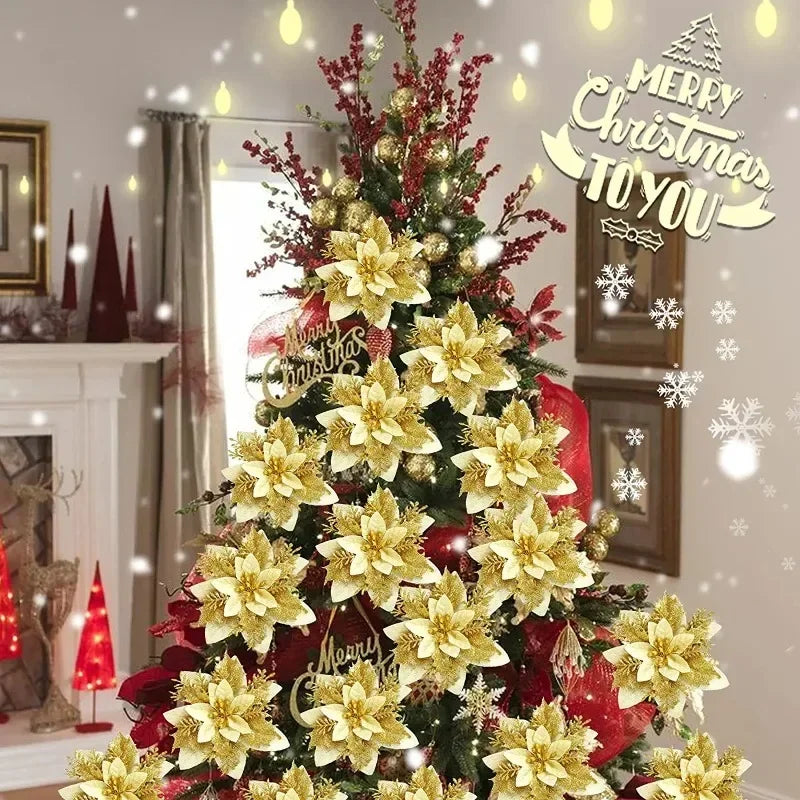 Flores Natal Glitter Artificial 5/10/20/30 peças de Poinsétia de Flores de Natal e Purpurina