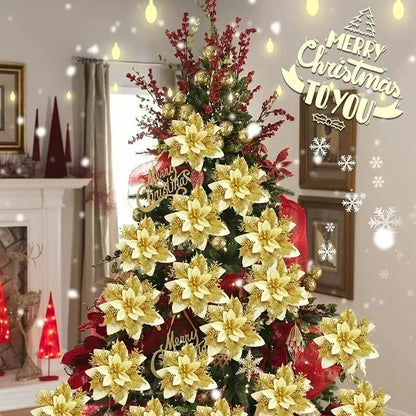 Flores Natal Glitter Artificial 5/10/20/30 peças de Poinsétia de Flores de Natal e Purpurina