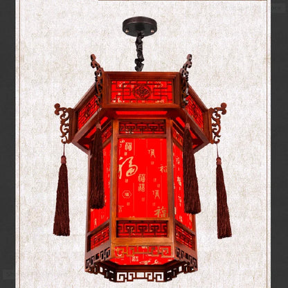 Luminária pendente de lanterna de madeira vermelha estilo chinês, abajur retrô