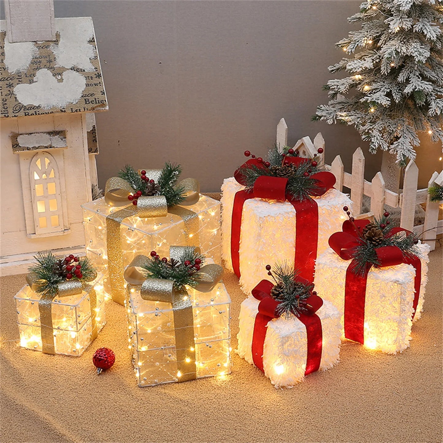 3 peças de caixas de presente de LED com iluminação de Natal decorativas