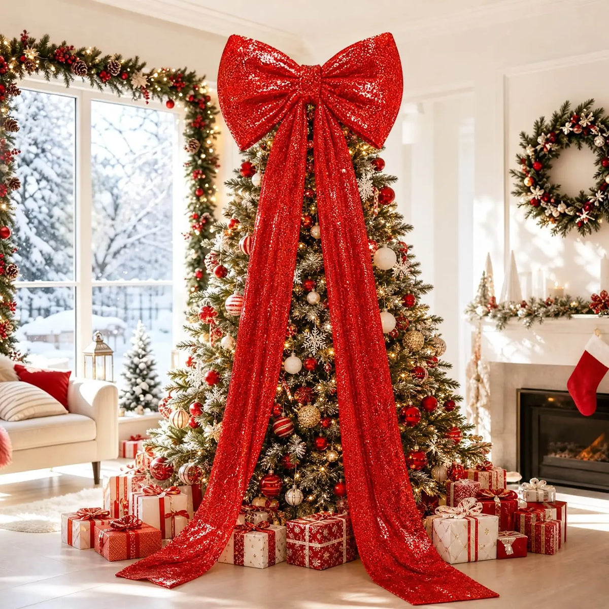 Laço Decorativo Shopping Gigante de Cor Rosa com Fitas Longas Penduradas no Topo de uma Árvore de Natal