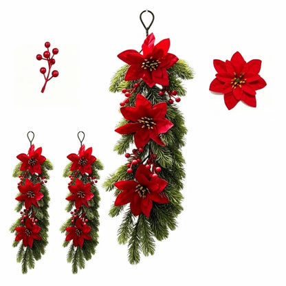 Enfeite é um Arranjo Pendente de Natal Artificial, Flores de Poinsétia Vermelho e Folhagem Pinheiro