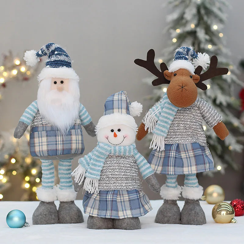 Boneco de Papai Noel Azul Decoração de Natal em Tecido Xadrez Azul com Papai Noel