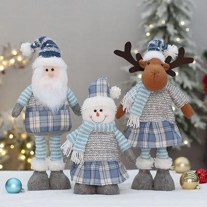 Boneco de Papai Noel Azul Decoração de Natal em Tecido Xadrez Azul com Papai Noel