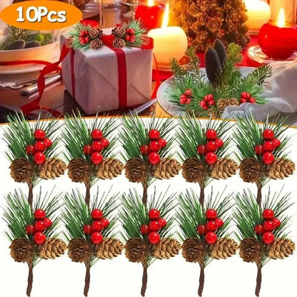 Palitos pinheiro artificiais frutas vermelhas fibra de vidro 10 peças de decoração de Natal