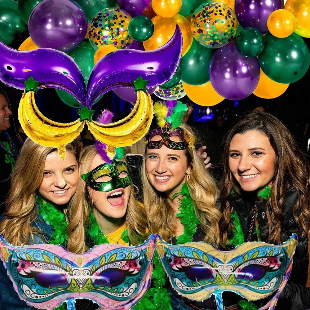 Kit de arco de guirlanda de balões de carnaval, 114 peças, ouro verde roxo balões