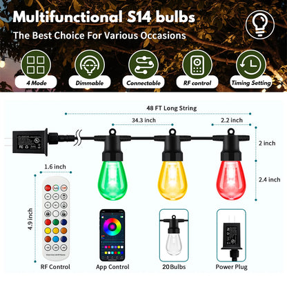 Corda inteligente para exterior Luzes RGB à prova d'água à prova de quebra S14 Luzes