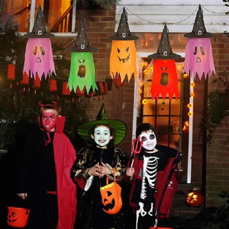 10 Peças de decoração suspensa de Halloween, chapéus de bruxa fantasma iluminados