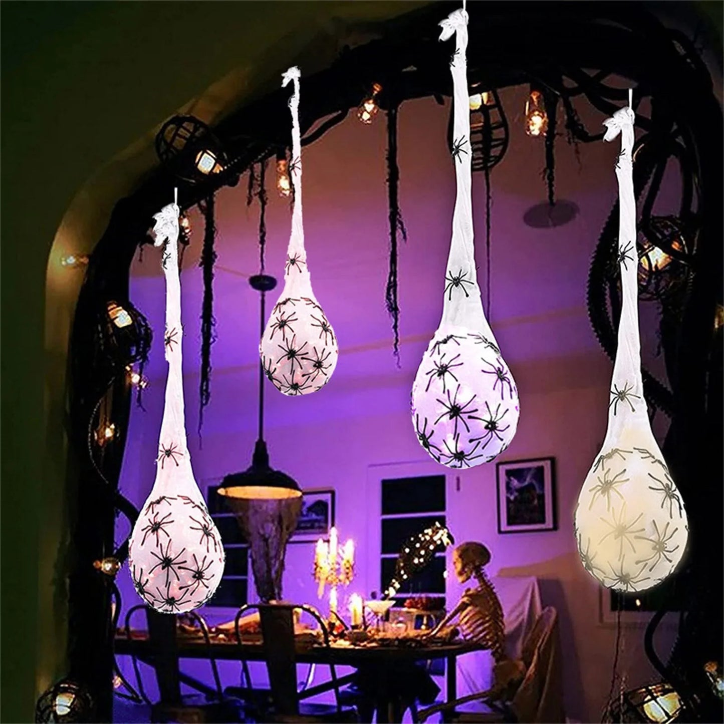 Decoração de Halloween para pendurar sacos de ovo de aranha iluminados, 3 peças sacos