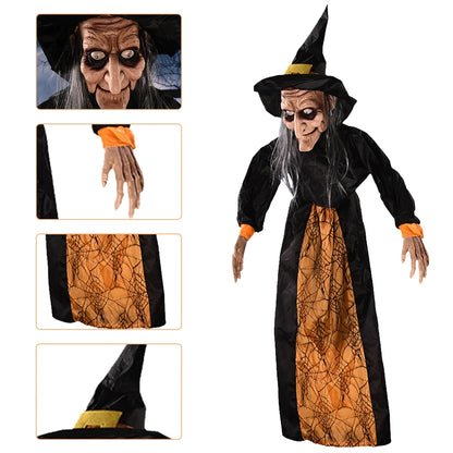 Decoração animada de bruxa pendurada de Halloween de 150 cm com som ativado