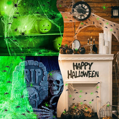 Teia aranha fluorescente de Halloween, teia de aranha macia, cena assustadora, adereços