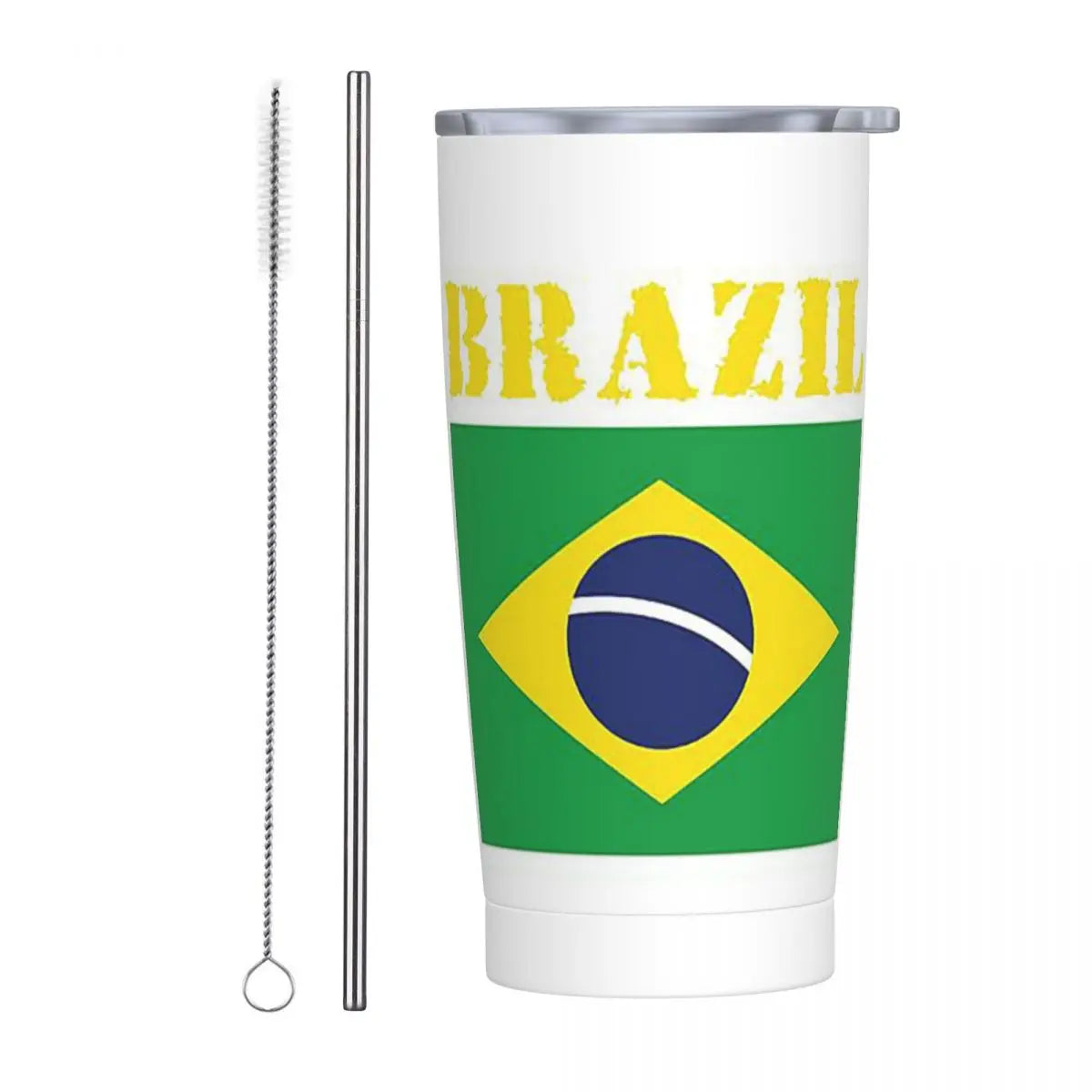Copo térmico de 590 ml com tampa e canudo, com estampa bandeira brasileira, isolamento