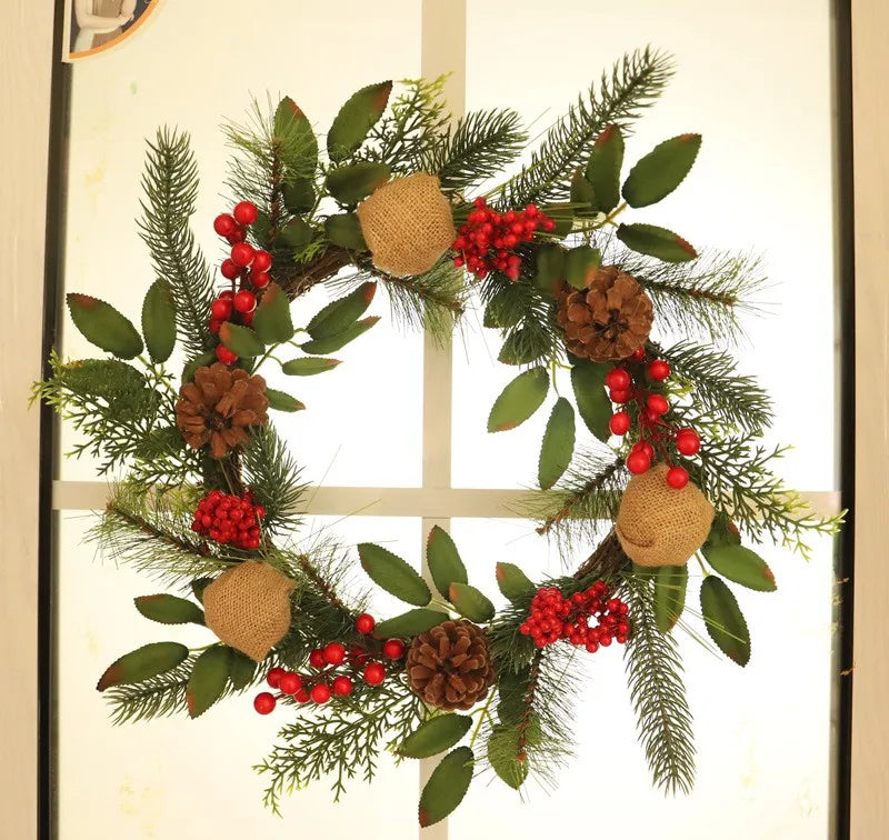 Guirlanda de Natal com pinhas, laço de algodão, guirlanda de porta Natal, guirlanda artificial