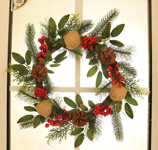 Guirlanda de Natal com pinhas, laço de algodão, guirlanda de porta Natal, guirlanda artificial