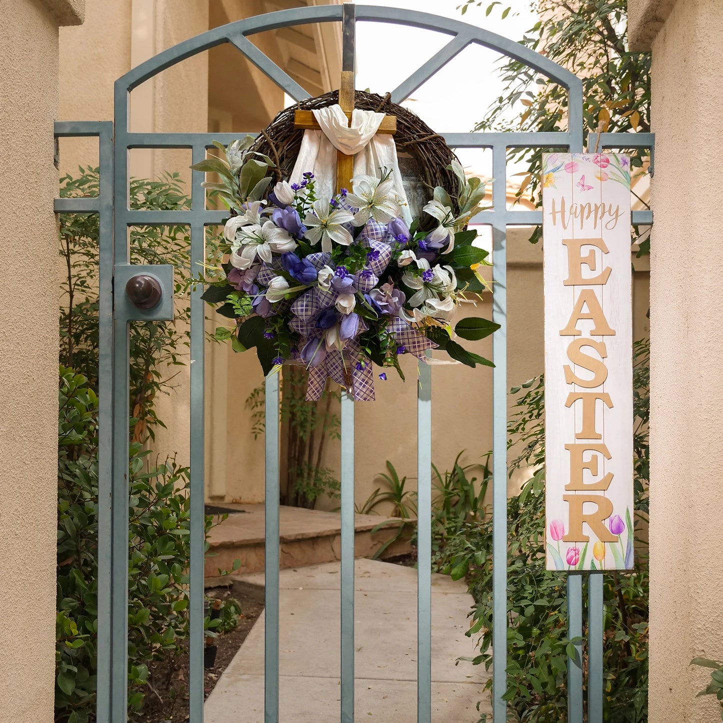 Guirlanda Religiosa Páscoa Guirlanda Cruz Sagrada Flores Decoração Enfeite Páscoa 45cm