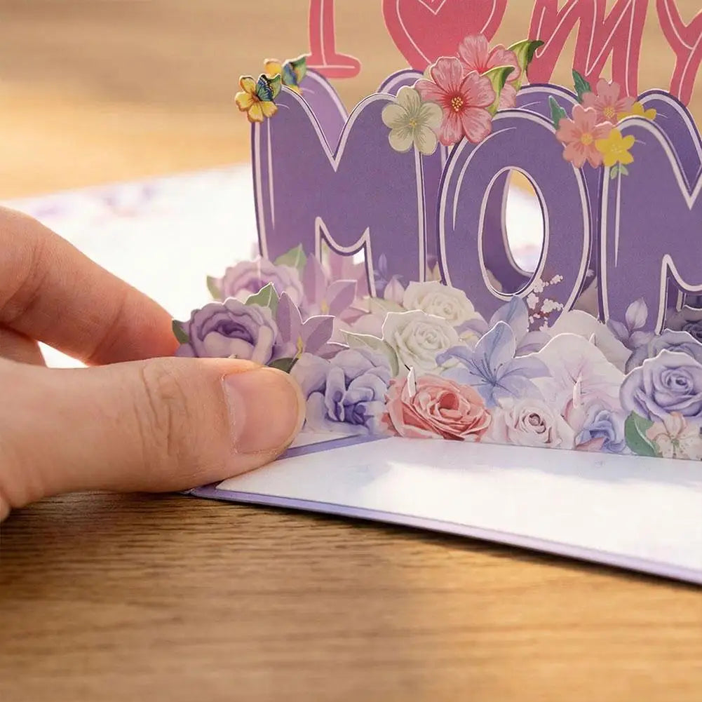 Cartão Dia das Mães, Cartão de Aniversário para Mamãe, Cartão Pop-Up 3D Roxo, Presente