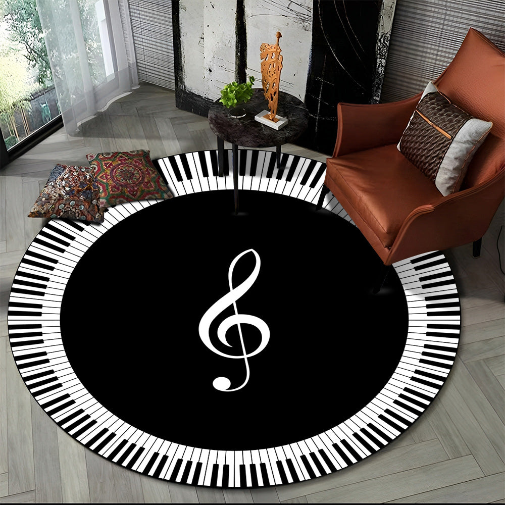 Tapete Redondo Antiderrapante com Estampa Colorida Teclas de Piano e Símbolos 150cm