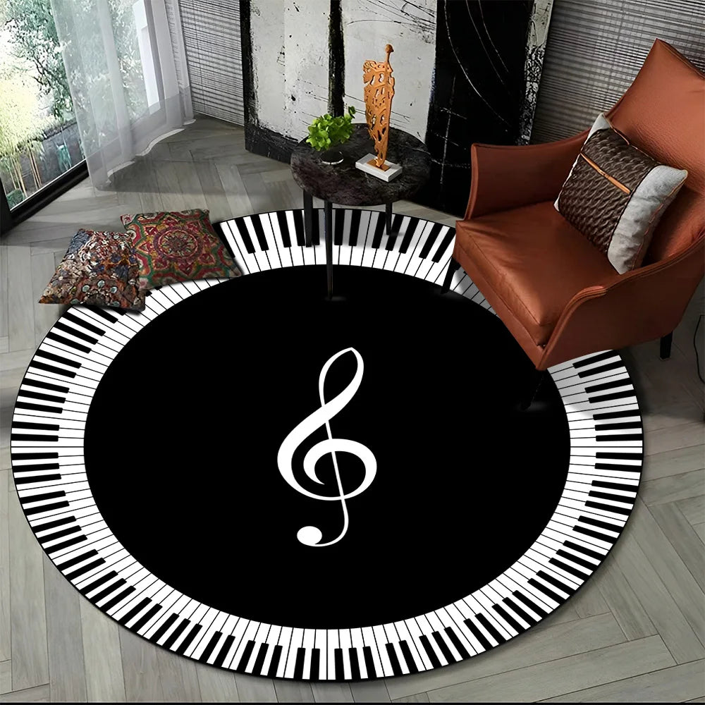 Tapete Redondo Antiderrapante com Estampa Colorida Teclas de Piano e Símbolos 150cm