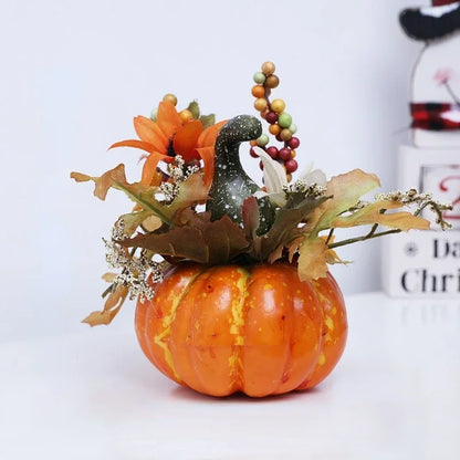 Festa Junina Abóbora artificial com flores, decoração de ação de graças com folhas bordo