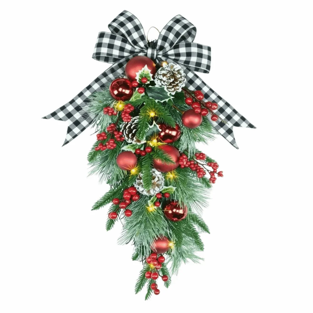 Guirlanda de Pingente Natal Artificial com Pinheiro Xadrez Bagas Vermelhas e Pinhão