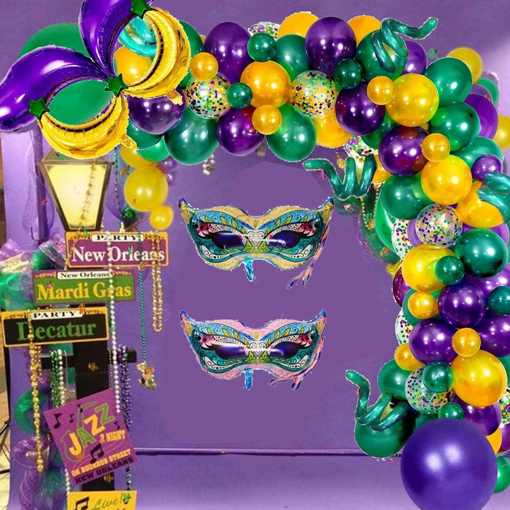 Kit de arco de guirlanda de balões de carnaval, 114 peças, ouro verde roxo balões