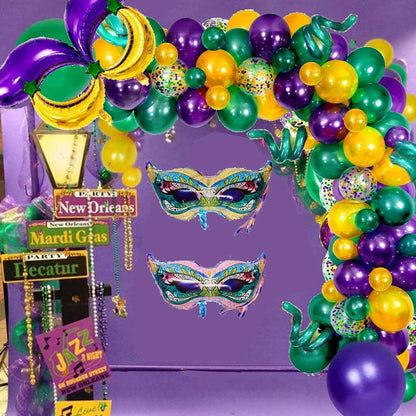 Kit de arco de guirlanda de balões de carnaval, 114 peças, ouro verde roxo balões