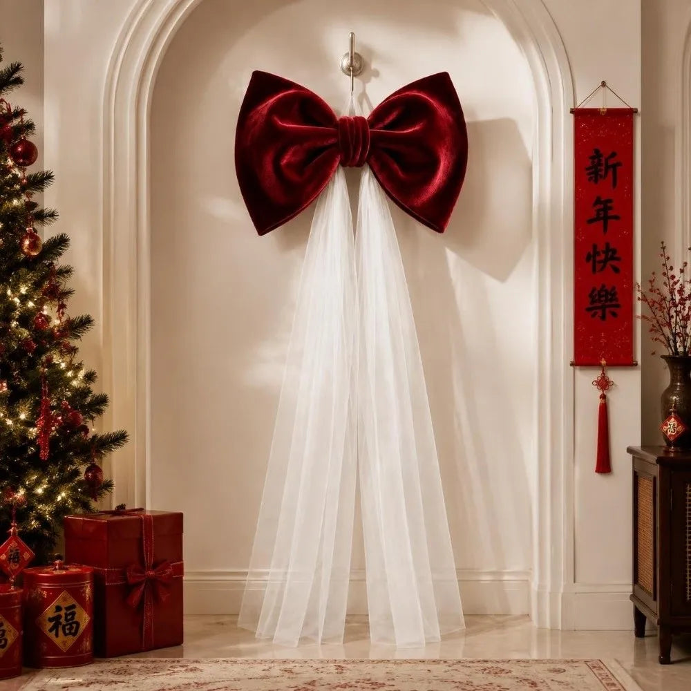 Laço de Veludo com Cauda Longa em Tule/Organza, Ornamento para Árvore de Natal e Shopping