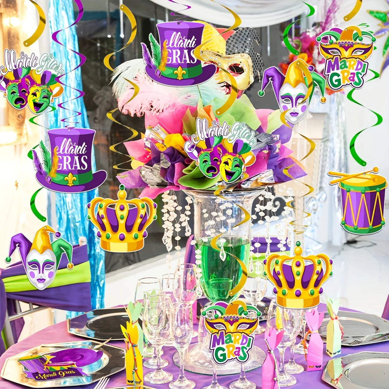 Decorações de redemoinho para pendurar no carnaval - 36 peças máscara coroa carnaval