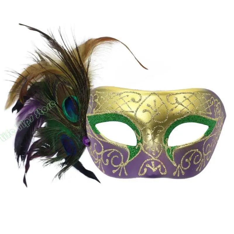 Máscara de Baile de Carnaval Estilo Veneziano Carnaval Enfeitada com Glitter nas Cores Verde, Dourado e Roxo