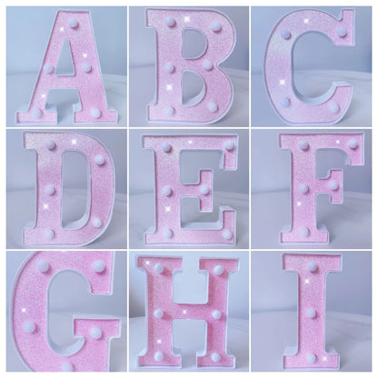 Letra de LED para letreiro de letreiro, letras rosa iluminadas com glitter alfabeto letrado