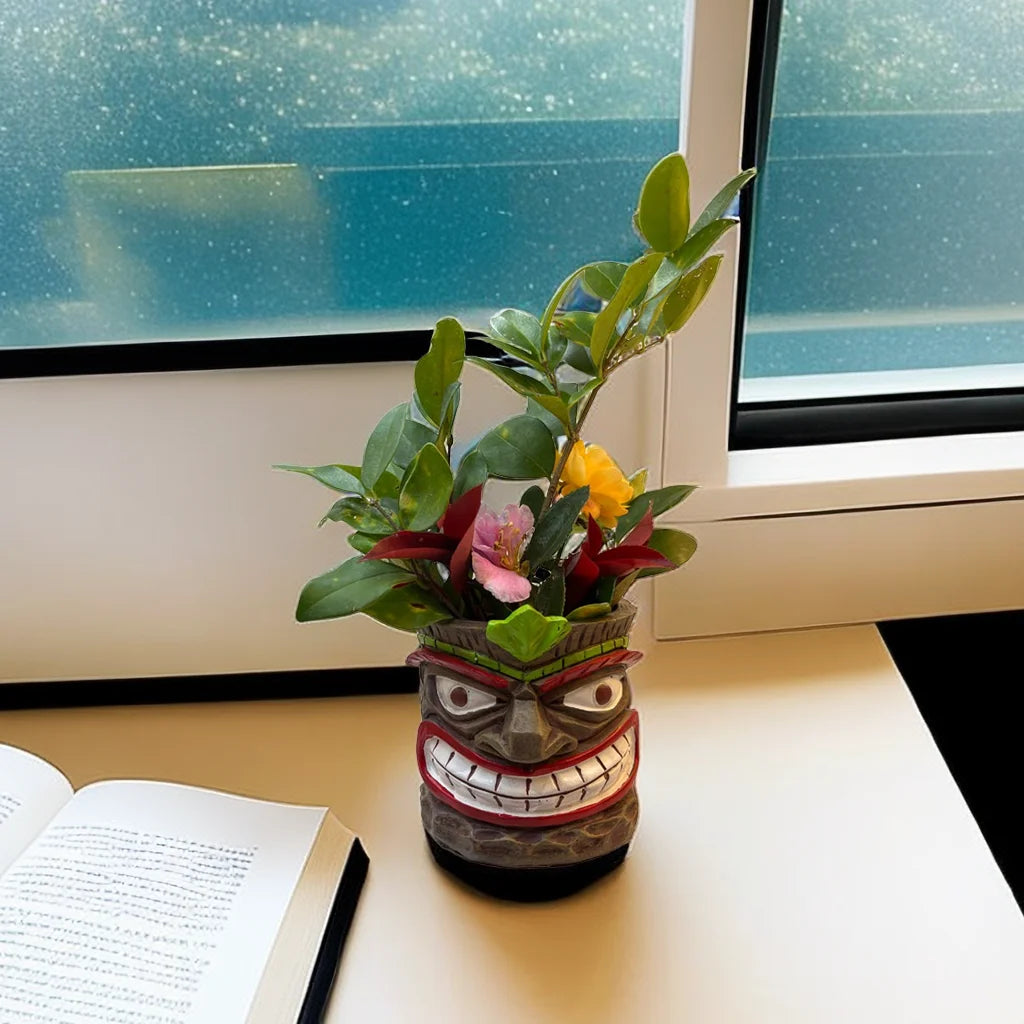 Engraçado Vaso pequeno de cabeça Tiki para interior, vaso de escultura de totem