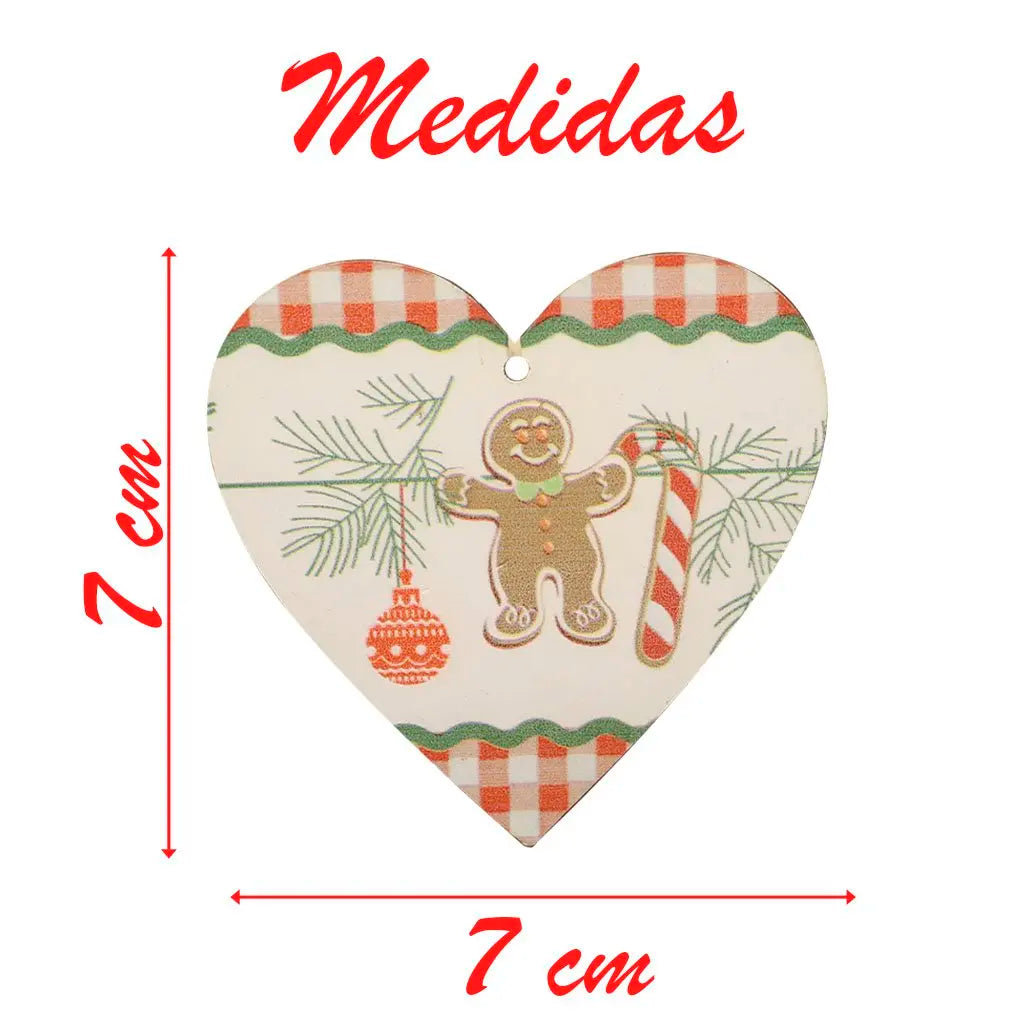 Pingente Coração Gengibre Kit 2 Enfeites Pendentes para Árvore de Natal em MDF 7cm