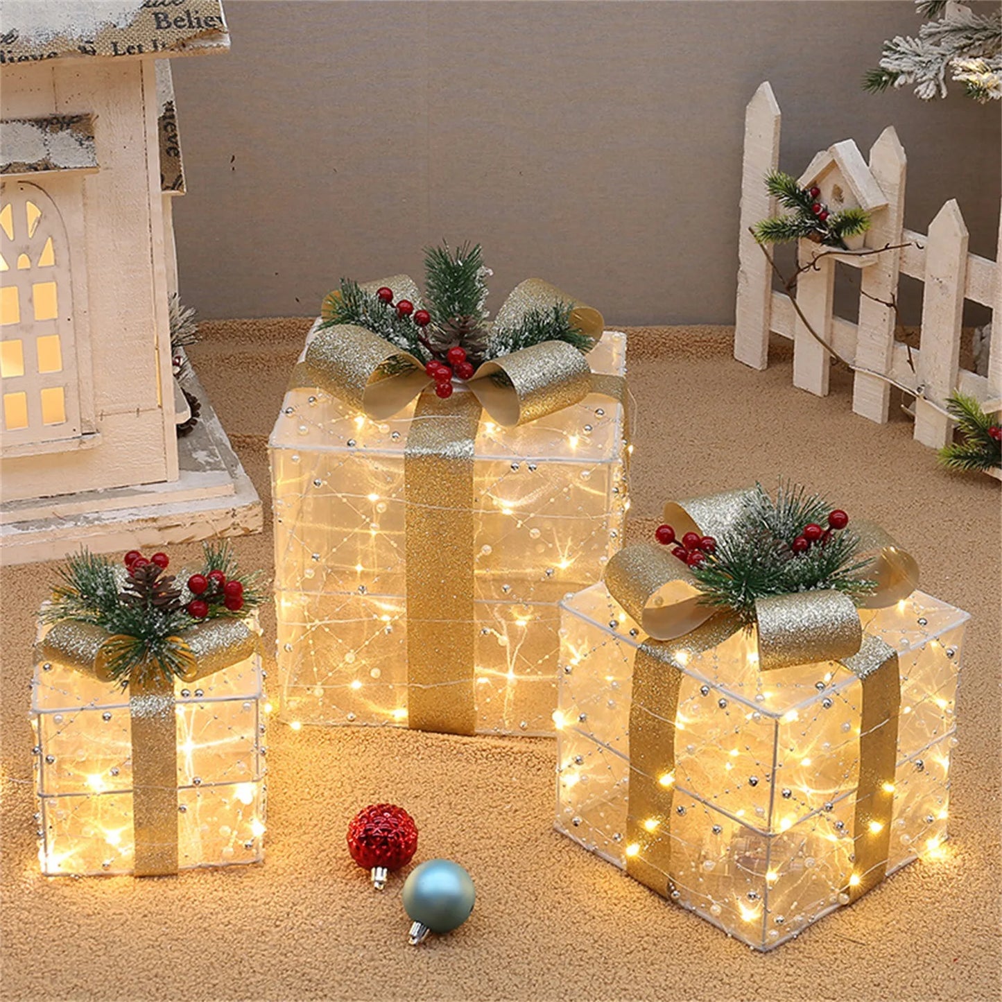 3 peças de caixas de presente de LED com iluminação de Natal decorativas