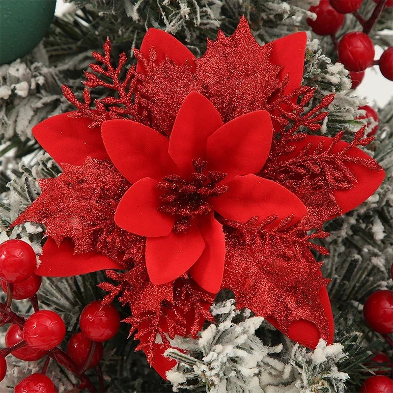 Flor de 5/10 Peças Poinsétia Artificial com Glitter e Enfeites de Natal para shopping