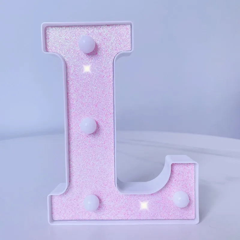 Letra de LED para letreiro de letreiro, letras rosa iluminadas com glitter alfabeto letrado