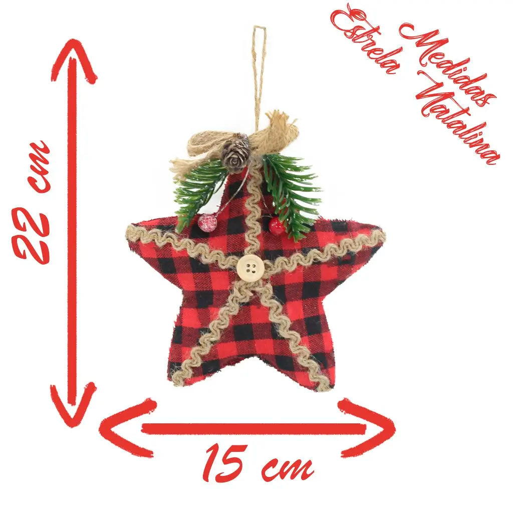 Enfeite Natal Pendurar Estrela Xadrez e 1 Enfeite Árvore Natal Pendente Natalino Estrela 15cm