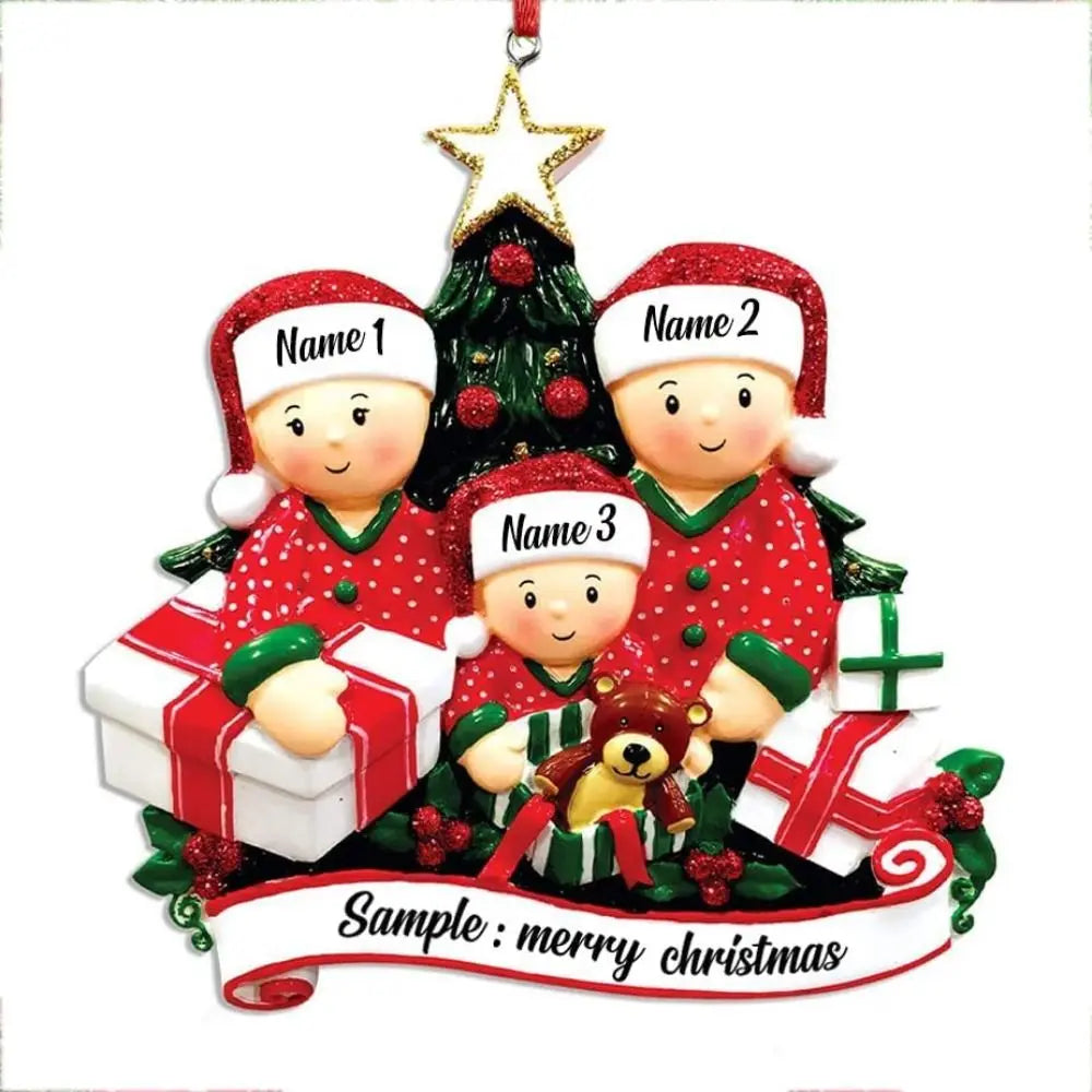 Enfeite de Natal Personalizado para Família de 3 Pessoas Abrindo Presentes 8cm/(3.15 pol.)