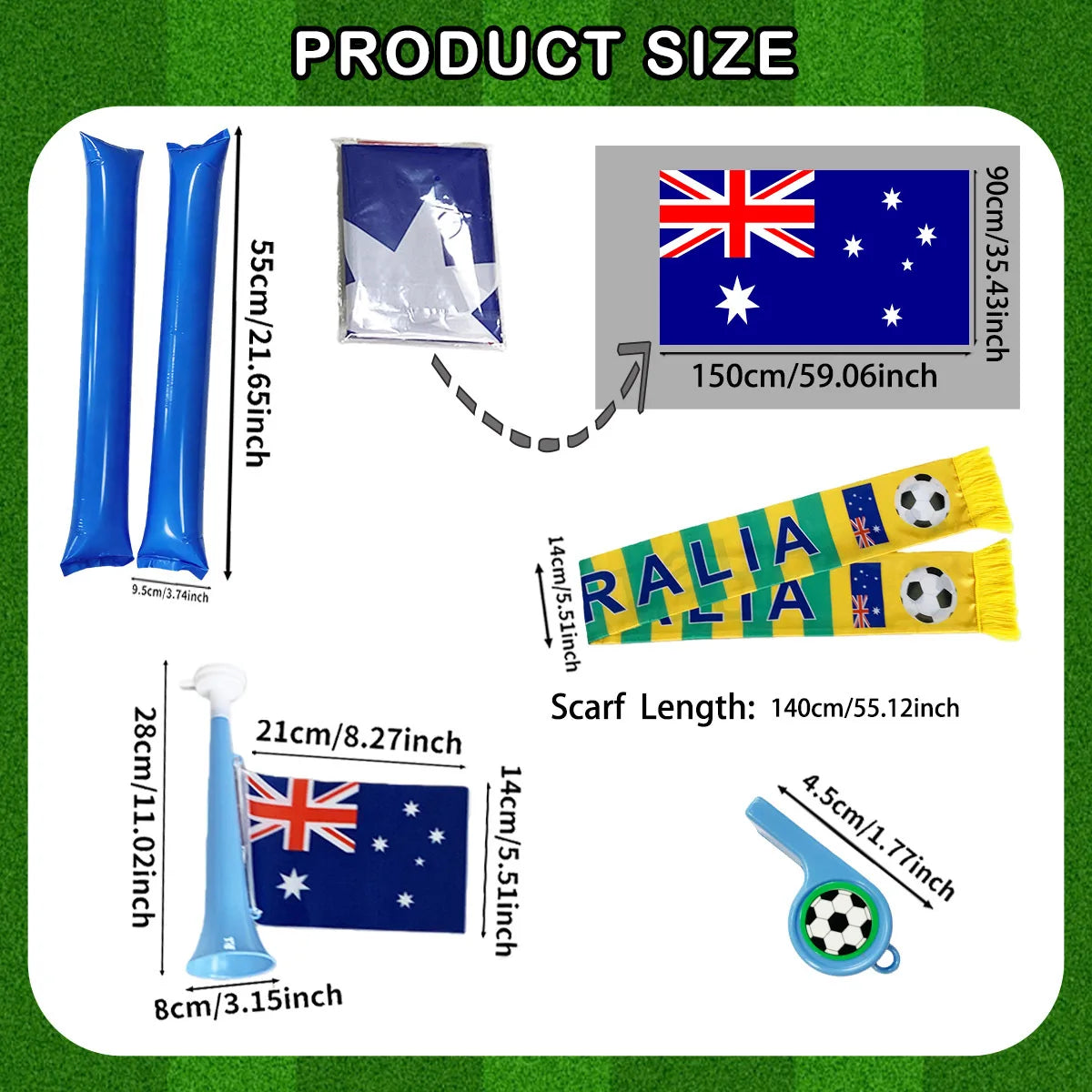 Torcedor Canada 5 Peças: Bandeira, bastão cabeça redonda, Bandeira, Cachecol, Trompete