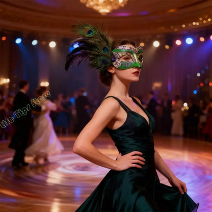 Máscara de Baile de Carnaval Estilo Veneziano Carnaval Enfeitada com Glitter nas Cores Verde, Dourado e Roxo