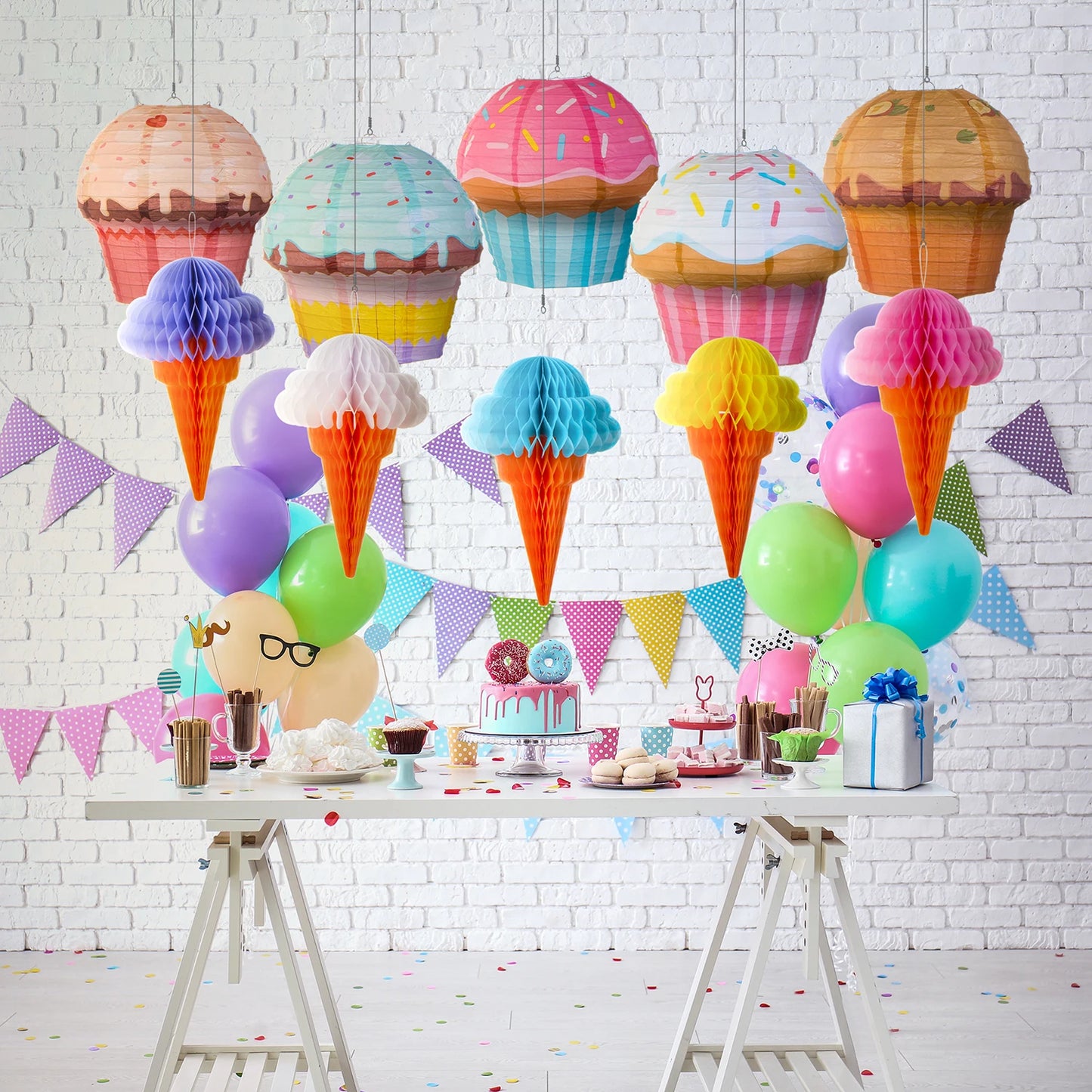 10 peças de decoração de festa de donuts, lanterna de papel, cupcake, lanternas