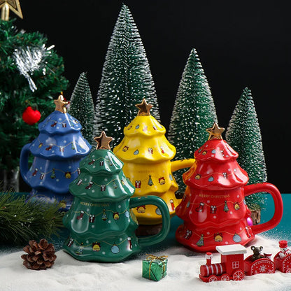 Canecas de Cerâmica em Formato de Árvore Natal Tampa e Detalhes Coloridos Capacidade/*401ml*500ml