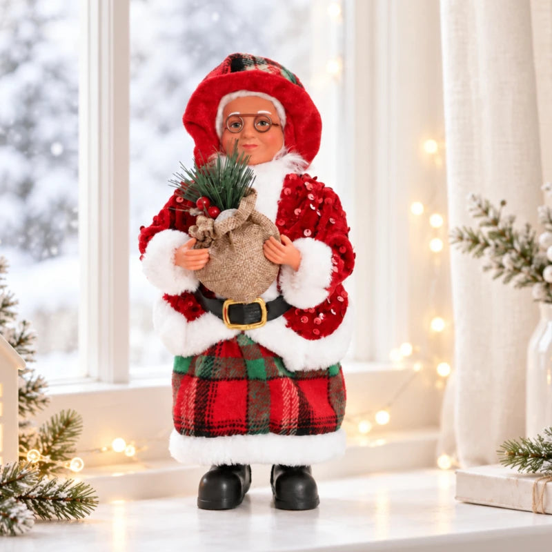 Mamãe Noel Decorativa de Mesa 30cm Roupas Xadrez e Saco Presentes, Enfeite de Natal Luxo 30cm Natalina