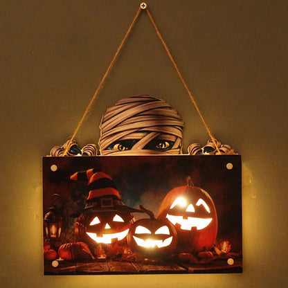 Decorações de placas de suspensão Happy Halloween, luz de LED, fantasma abóbora