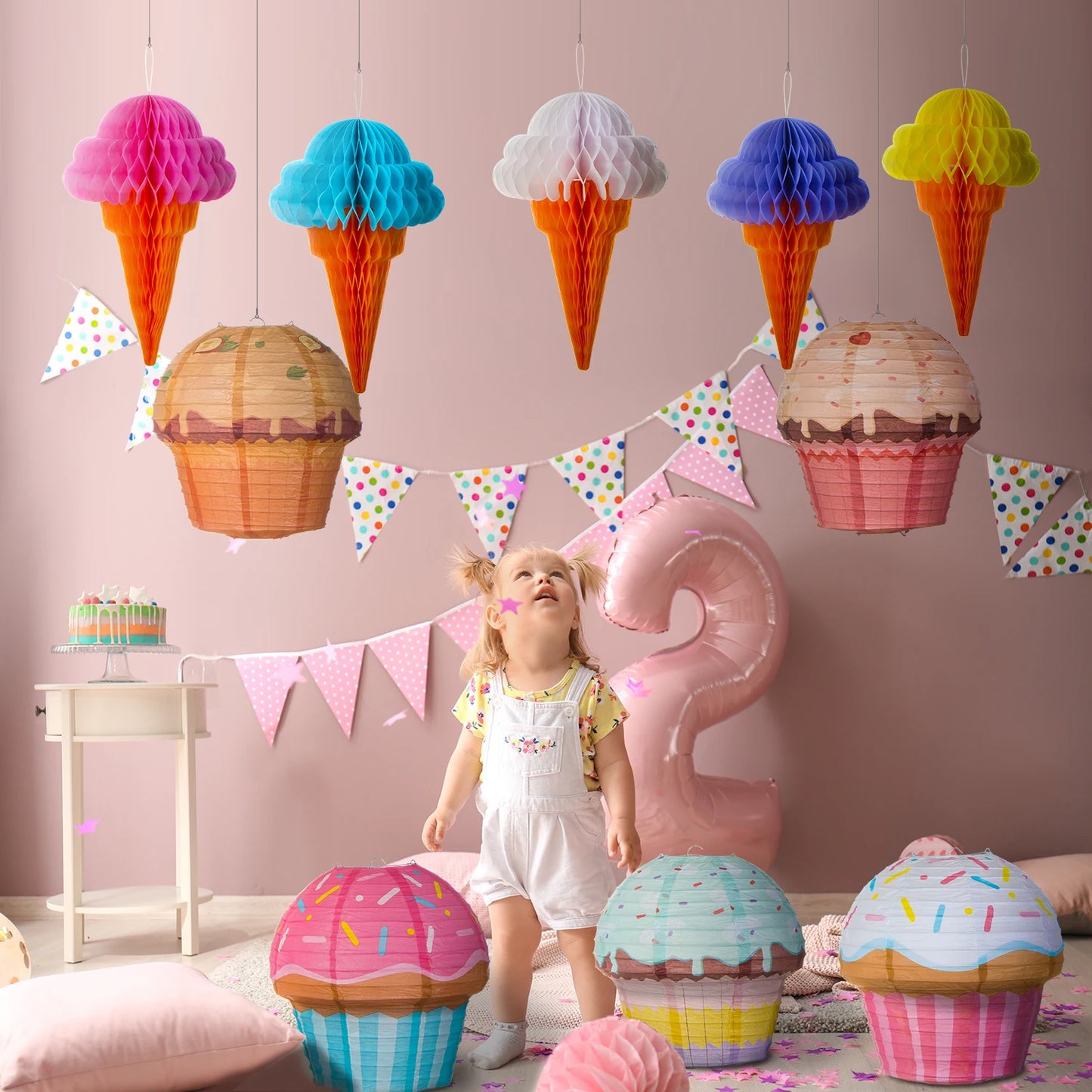 10 peças de decoração de festa de donuts, lanterna de papel, cupcake, lanternas