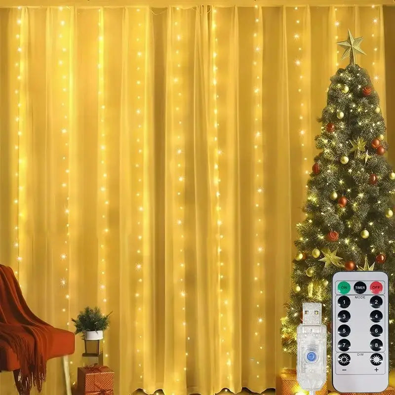 Cortina luz led pisca ou fixa 300 leds 3x3m Natal Festas Decorações USB  (Branco frio)
