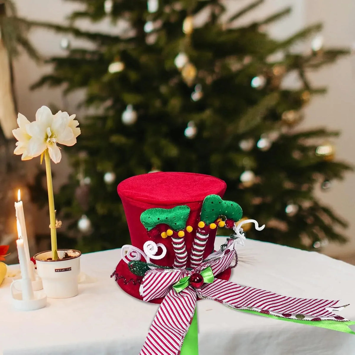 Ponteira Natal Premium Ponteira Decorativa Árvore de Natal, Enfeite Árvore Natalina Chapéu Vermelho Bengalas
