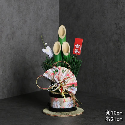 Vaso Três Tubos Leque Dourado com Placa de Madeira, Adorno de Mesa de Ano Novo Japonês (Kadomatsu)